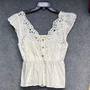 PROMESA white embroidered eyelet short flutter sleeve rayon shirt size Large